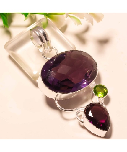 Faceted AFRICAN AMETHYST,GREEN peridot gemstone 925 silver pendant 2.22″ | Save 33% - Rajasthan Living
