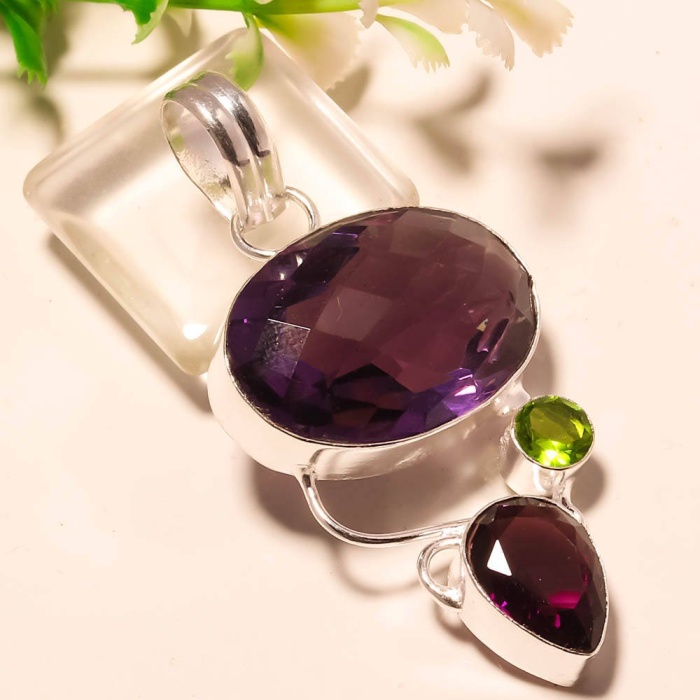 Faceted AFRICAN AMETHYST,GREEN peridot gemstone 925 silver pendant 2.22″ | Save 33% - Rajasthan Living 5