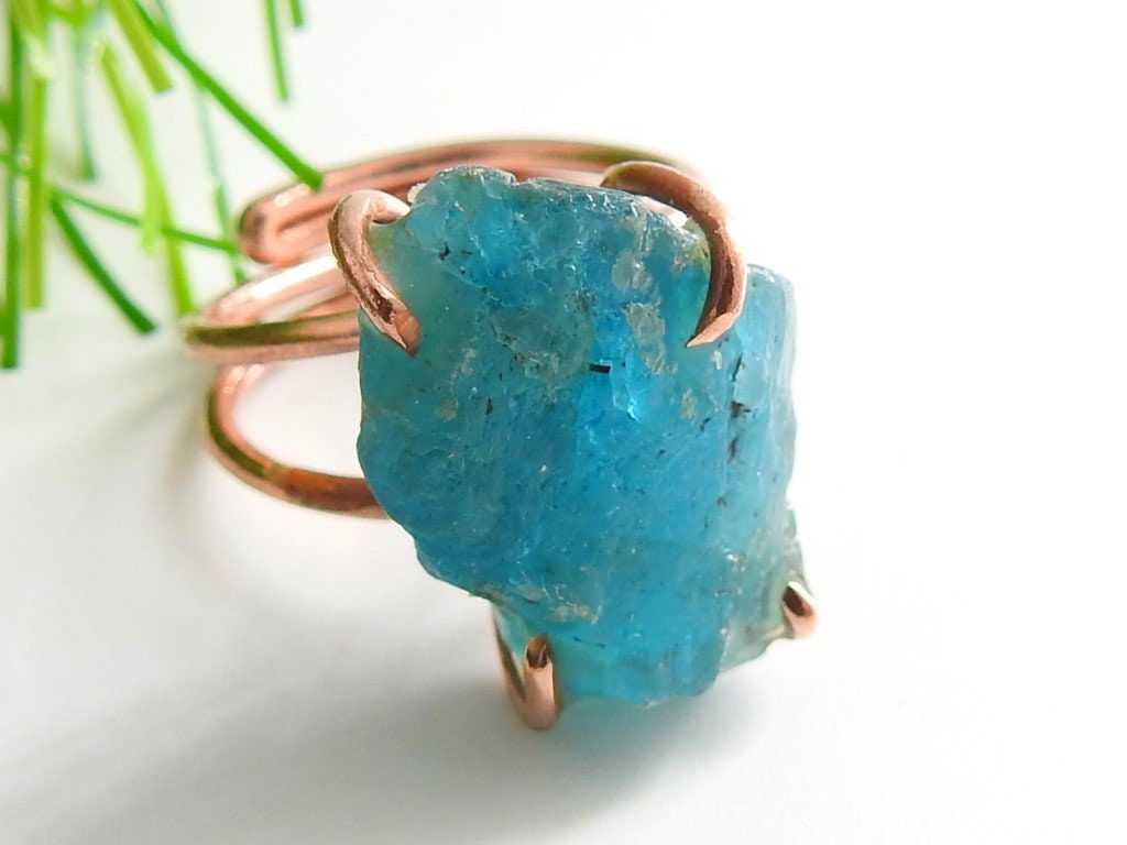 Neon Blue Apatite Rough Ring,Wire Wrapping,Copper,Adjustable,Raw,Wire-Wrapped,Minerals Stone,One Of A Kind,Wholesaler,Supplies 15-25MM Long | Save 33% - Rajasthan Living 15