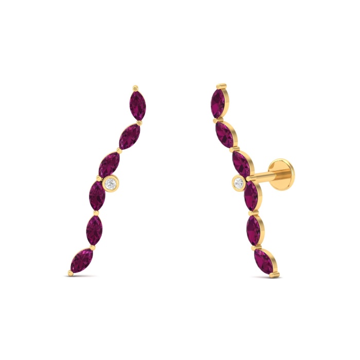 Natural Rhodolite Garnet 14K Dainty Climber Earrings, Everyday Gemstone Earring For Her, Gold Ear Climber Stud Earrings For Women, Party Gem | Save 33% - Rajasthan Living 13
