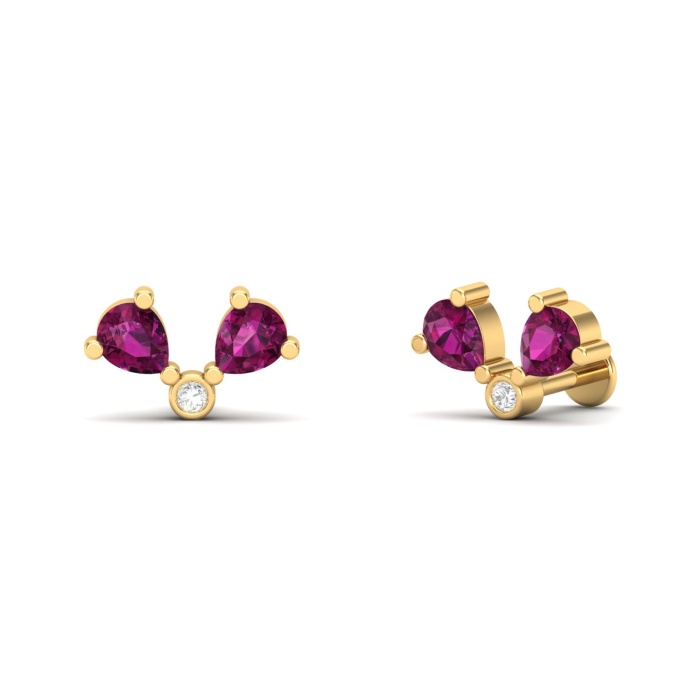Natural Rhodolite Garnet Dainty 14K Stud Earrings, Handmade Gold Climber Studs For Women, Everyday Gemstone Earring For Her, Party Earrings | Save 33% - Rajasthan Living 8