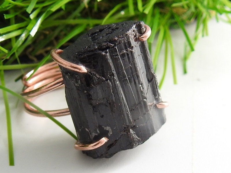 Black Tourmaline Natural Crystal Rough Rings,Wire Wrapping,Copper,Adjustable,Wire-Wrapped,Minerals Stone,One Of A Kind 20-22MM Long CJ-1 | Save 33% - Rajasthan Living 17