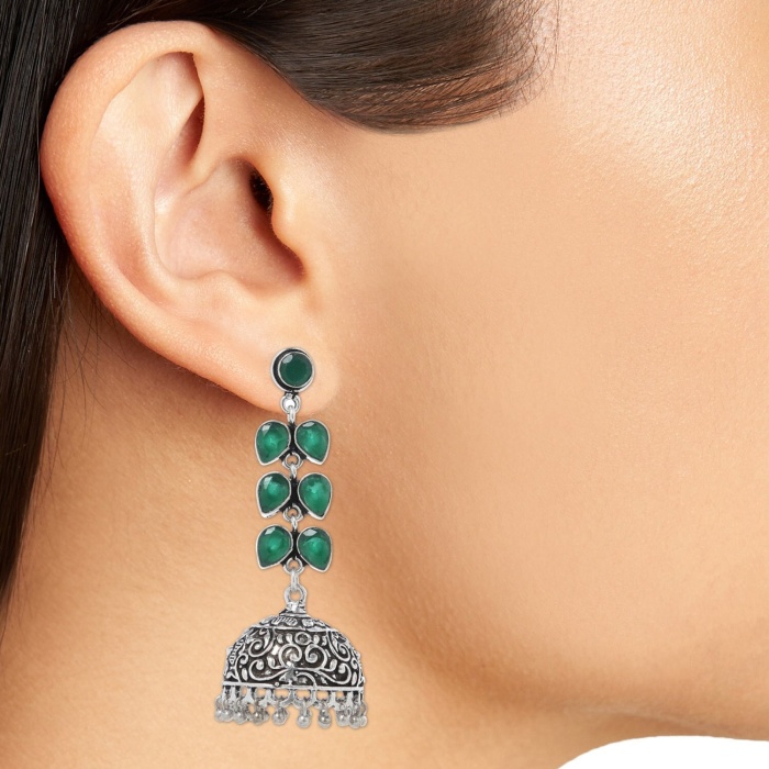 Green Color Oxidized Silver Plated handmade Brass Jhumka Jhumki Earrings Women | Save 33% - Rajasthan Living 5