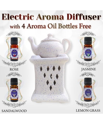 Decorative Electric Ceramic Aroma Oil Burner From iHandikart With Ceramic Diffuser And 4 Aroma Rose, Jasmine,Sandalwood ,Lemon Grass oil/Scented Oil/Fragrance 10 ml Bottle | Save 33% - Rajasthan Living