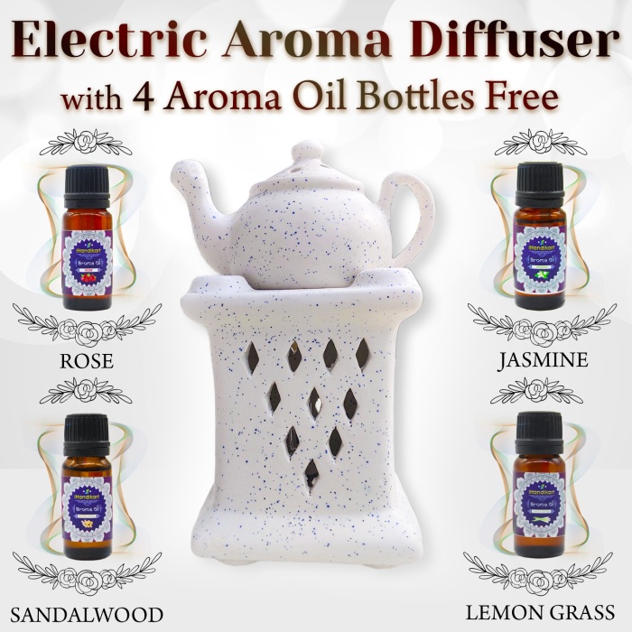 Decorative Electric Ceramic Aroma Oil Burner From iHandikart With Ceramic Diffuser And 4 Aroma Rose, Jasmine,Sandalwood ,Lemon Grass oil/Scented Oil/Fragrance 10 ml Bottle | Save 33% - Rajasthan Living 5