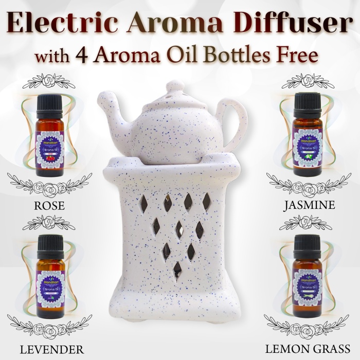 Decorative Electric Ceramic Aroma Oil Burner From iHandikart With Ceramic Diffuser And 4 Aroma Rose, Jasmine,levender ,Lemon Grass oil/Scented Oil/Fragrance 10 ml Bottle | Save 33% - Rajasthan Living 5