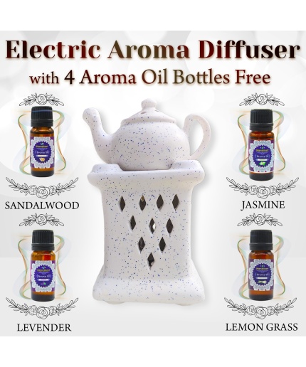 Decorative Electric Ceramic Aroma Oil Burner From iHandikart With Ceramic Diffuser And 4 Aroma Sandalwood, Jasmine,levender ,Lemon Grass oil/Scented Oil/Fragrance 10 ml Bottle | Save 33% - Rajasthan Living