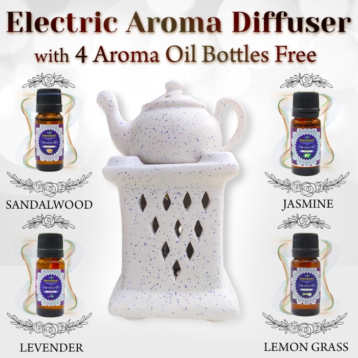 Decorative Electric Ceramic Aroma Oil Burner From iHandikart With Ceramic Diffuser And 4 Aroma Sandalwood, Jasmine,levender ,Lemon Grass oil/Scented Oil/Fragrance 10 ml Bottle | Save 33% - Rajasthan Living 5