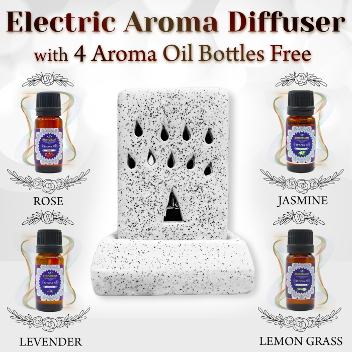 Decorative Electric Ceramic Aroma Oil Burner From iHandikart With Ceramic Diffuser And 4 Aroma Rose, Jasmine,levender ,Lemon Grass oil/Scented Oil/Fragrance 10 ml Bottle | Save 33% - Rajasthan Living 5