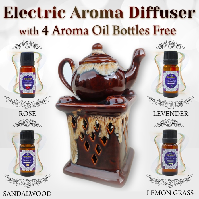 Decorative Electric Ceramic Aroma Oil Burner From iHandikart With Ceramic Diffuser And 4 Aroma Rose,Sandalwood,Levender,Lemon Grass oil/Scented Oil/Fragrance 10 ml Bottle | Save 33% - Rajasthan Living 5
