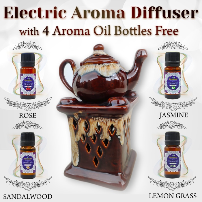 Decorative Electric Ceramic Aroma Oil Burner From iHandikart With Ceramic Diffuser And 4 Aroma Rose, Jasmine,Sandalwood ,Lemon Grass oil/Scented Oil/Fragrance 10 ml Bottle | Save 33% - Rajasthan Living 5