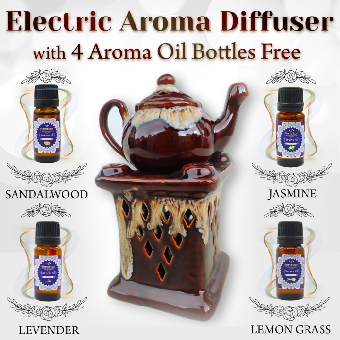 Decorative Electric Ceramic Aroma Oil Burner From iHandikart With Ceramic Diffuser And 4 Aroma Sandalwood, Jasmine,levender ,Lemon Grass oil/Scented Oil/Fragrance 10 ml Bottle | Save 33% - Rajasthan Living 5