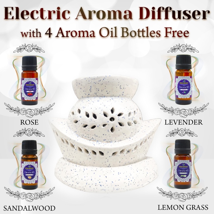 Decorative Electric Ceramic Aroma Oil Burner From iHandikart With Ceramic Diffuser And 4 Aroma Rose,Sandalwood,Levender,Lemon Grass oil/Scented Oil/Fragrance 10 ml Bottle | Save 33% - Rajasthan Living 5