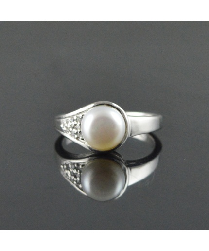 Natural 925 Sterling Silver White Pearl/Zircon Round Ring | Save 33% - Rajasthan Living