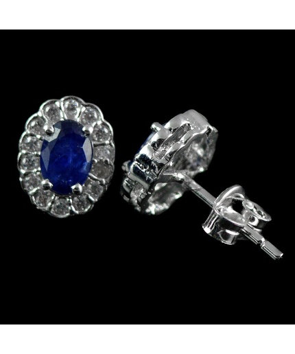 Natural Sapphire & White Cz 925 Sterling Silver Stud Earrings | Save 33% - Rajasthan Living 3