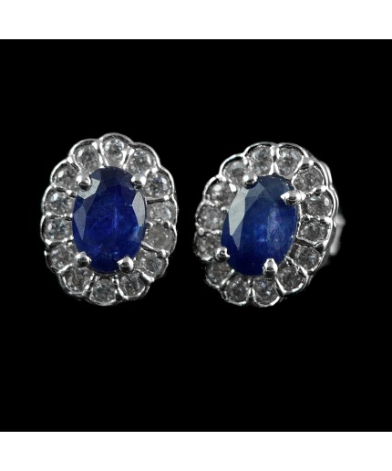 Natural Sapphire & White Cz 925 Sterling Silver Stud Earrings | Save 33% - Rajasthan Living