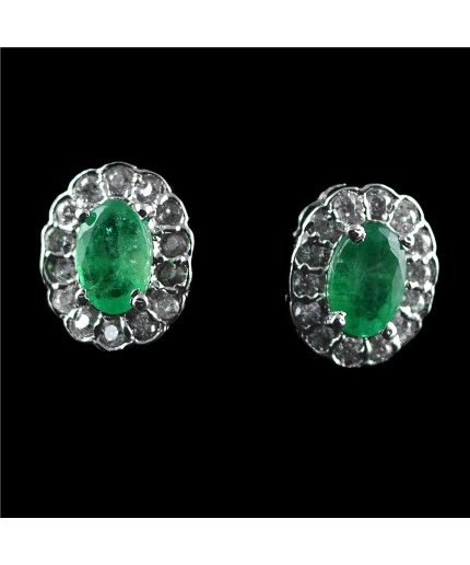 Natural Emerald & White Cz 925 Sterling Silver Stud Earrings | Save 33% - Rajasthan Living