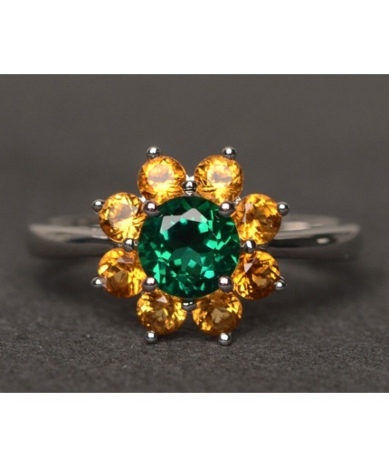 Lab Emerald Ring Sunflower Round Cut Green Gemstone Ring Engagement Ring | Save 33% - Rajasthan Living 3