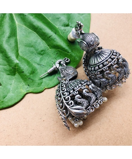 Peacock Shaped Jhumkas German Silver Oxidised Earring | Save 33% - Rajasthan Living