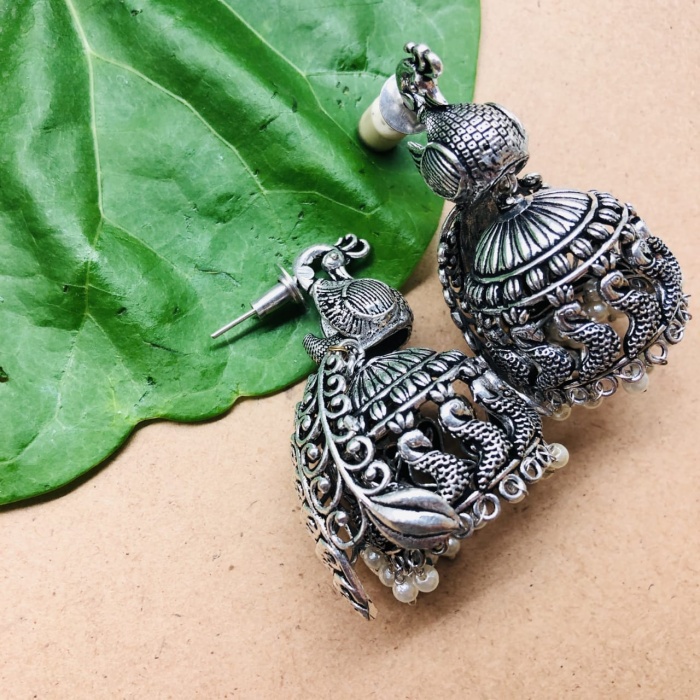 Peacock Shaped Jhumkas German Silver Oxidised Earring | Save 33% - Rajasthan Living 5