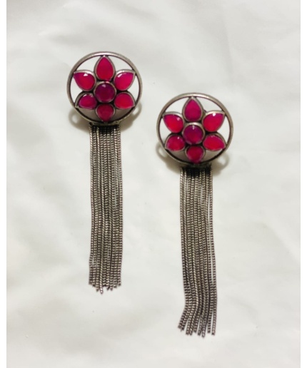 Red Stone Flower Danglers German Silver Oxidised Earring | Save 33% - Rajasthan Living