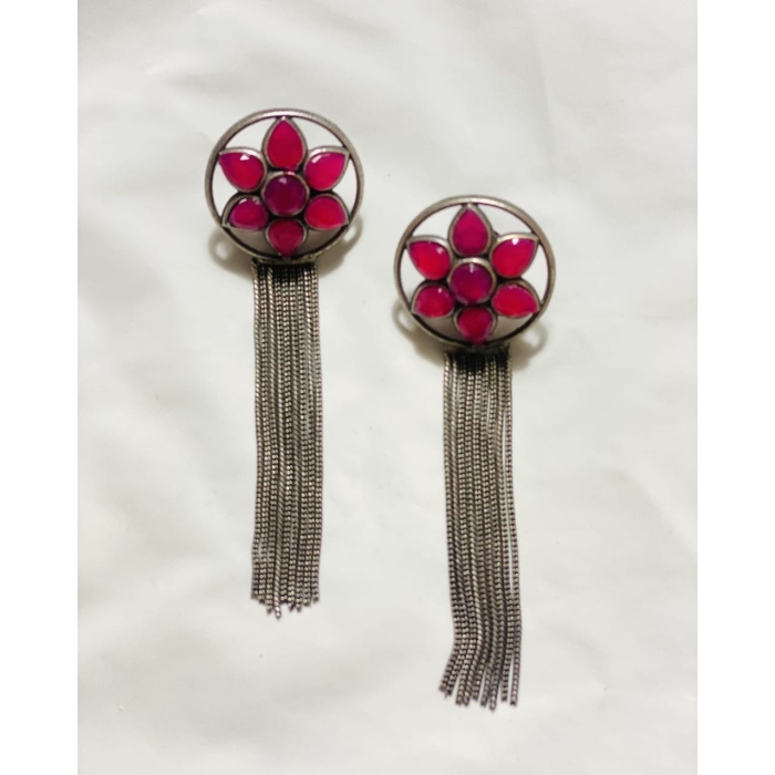 Red Stone Flower Danglers German Silver Oxidised Earring | Save 33% - Rajasthan Living 5