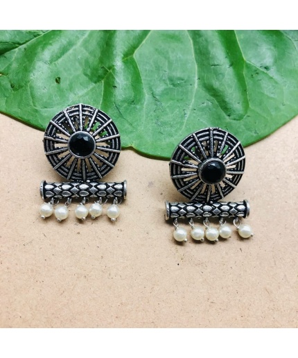 Stud with Pearl German Silver Oxidised Earring | Save 33% - Rajasthan Living
