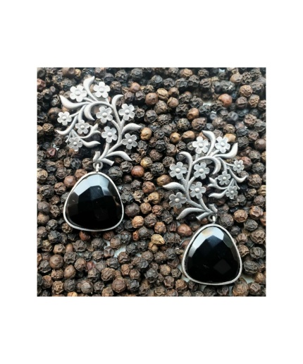 Victorian Flora Onyx German Silver Oxidised Earring | Save 33% - Rajasthan Living