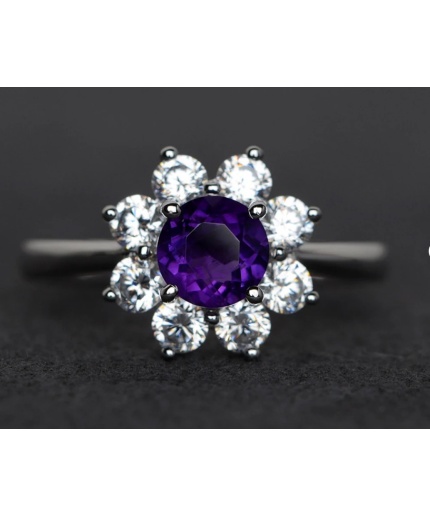 Natural Amethyst Ring Halo Ring Purple Gemstone Round Cut Amethyst Ring Silver | Save 33% - Rajasthan Living