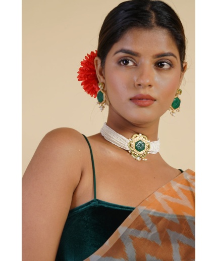 Green Stone Studded Pearl Layered Choker Set | Save 33% - Rajasthan Living