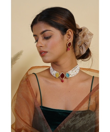Multicolor Stone Studded Pearl Choker Set | Save 33% - Rajasthan Living