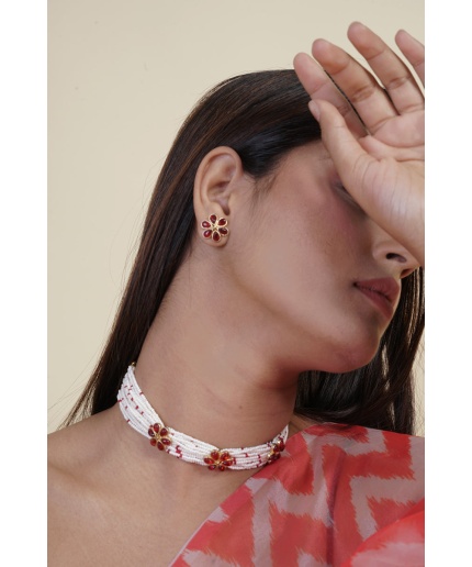 Red Floral Stone Studded Pearl Choker Set | Save 33% - Rajasthan Living