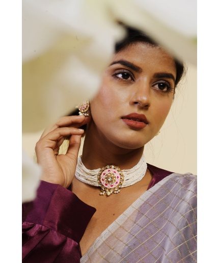 Pink & White Kundan Pearl Choker Set | Save 33% - Rajasthan Living 5