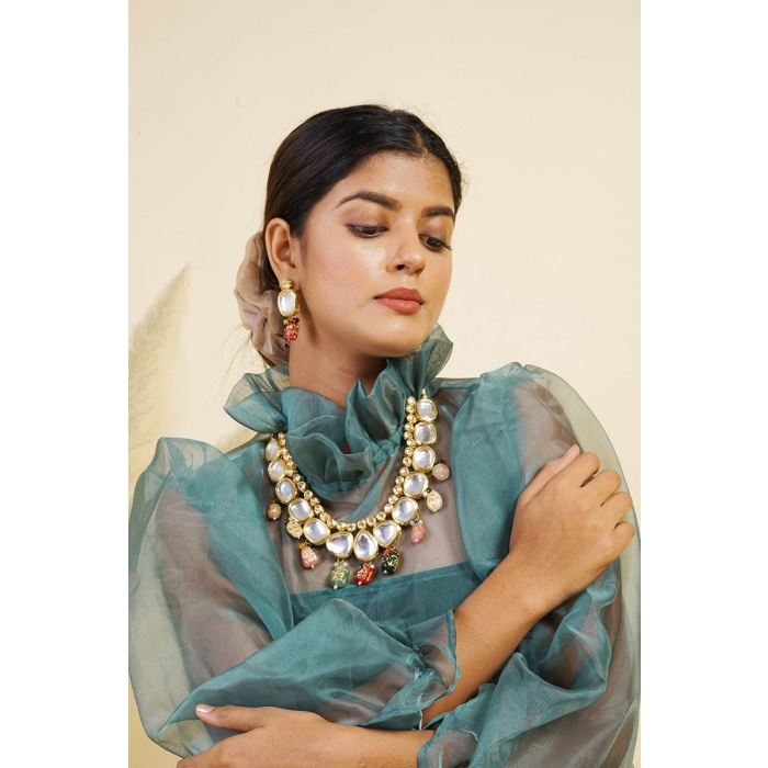Polki & Kundan Studded Gold Plated Multicolor Jewellery Set | Save 33% - Rajasthan Living 5