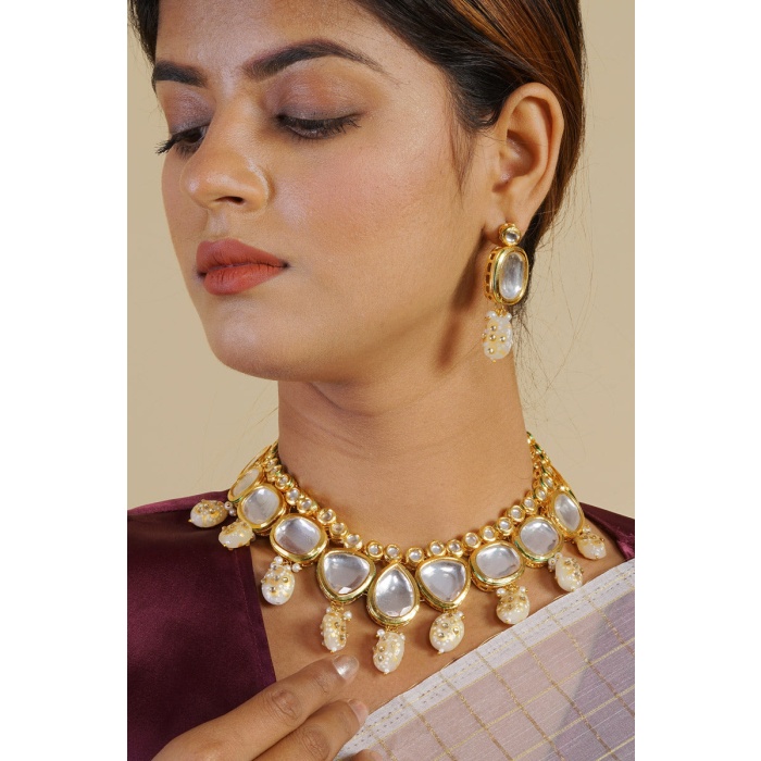 Polki & Kundan Studded Gold Plated White Jewellery Set | Save 33% - Rajasthan Living 5