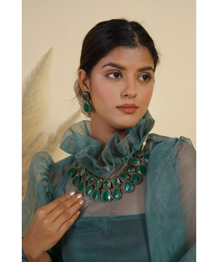 Green Stone Studded Black & Gunmetal Plated Jewellery Set | Save 33% - Rajasthan Living