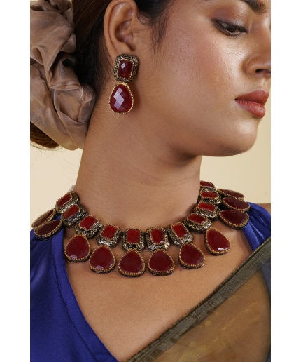 Red Stone Studded Black & Gunmetal Plated Necklace | Save 33% - Rajasthan Living