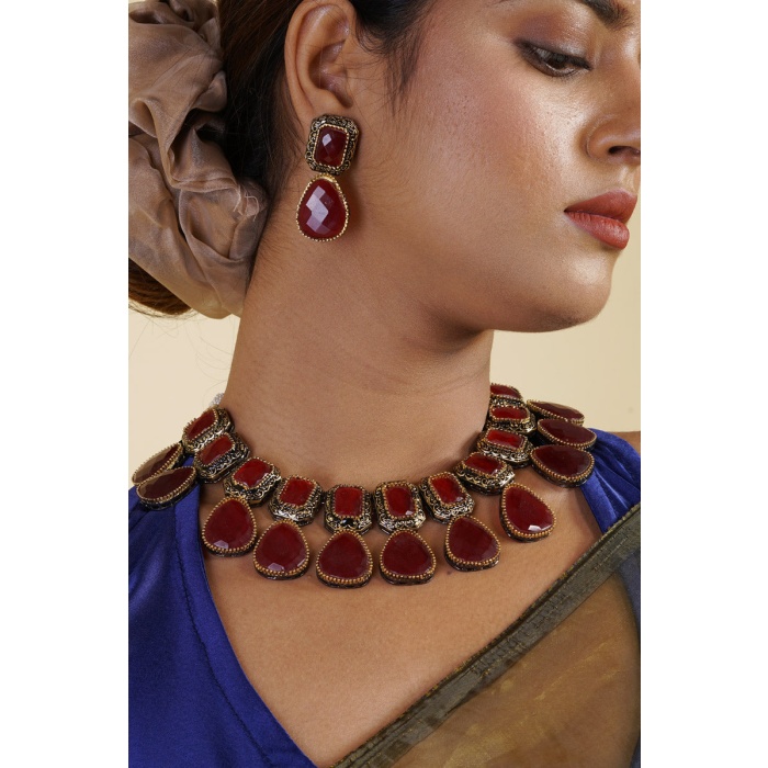 Red Stone Studded Black & Gunmetal Plated Necklace | Save 33% - Rajasthan Living 5