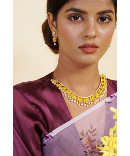 Yellow Stone Studded Floral Pearl Necklace | Save 33% - Rajasthan Living