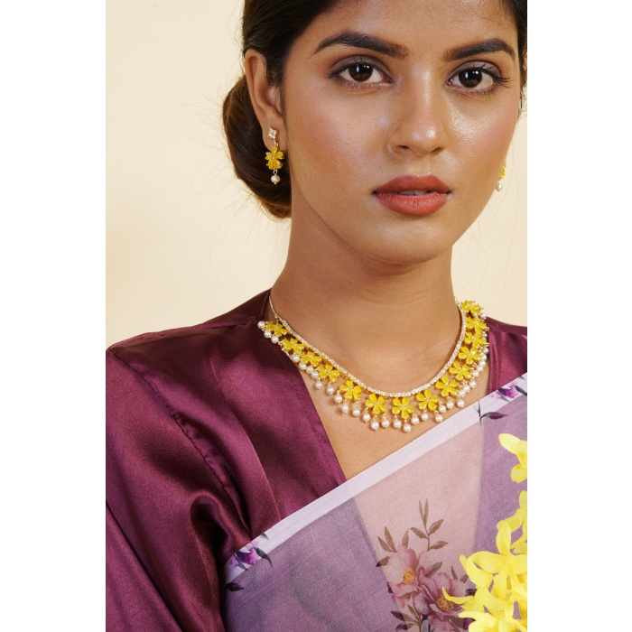 Yellow Stone Studded Floral Pearl Necklace | Save 33% - Rajasthan Living 5
