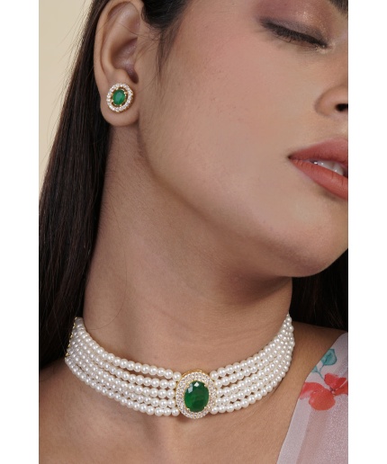 Green Stone Studded Pearl Layered Choker Set | Save 33% - Rajasthan Living