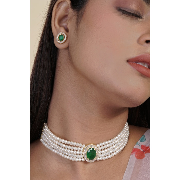 Green Stone Studded Pearl Layered Choker Set | Save 33% - Rajasthan Living 5