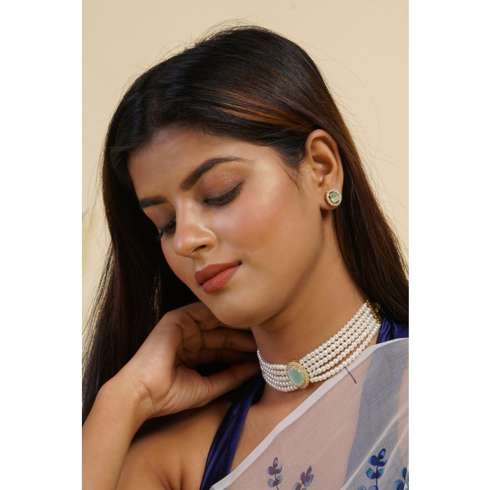 Mint Stone Studded Pearl Layered Choker Set | Save 33% - Rajasthan Living 5