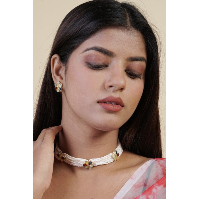 Multicolor Floral Stone Studded Pearl Choker Set | Save 33% - Rajasthan Living 5