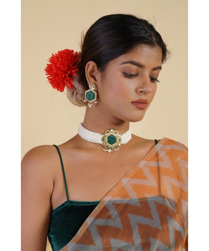 Green Stone Studded Pearl Layered Choker Set | Save 33% - Rajasthan Living 3