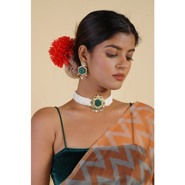 Green Stone Studded Pearl Layered Choker Set | Save 33% - Rajasthan Living 6