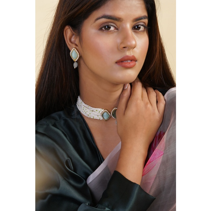 Mint Stone Studded Pearl Choker Set | Save 33% - Rajasthan Living 6