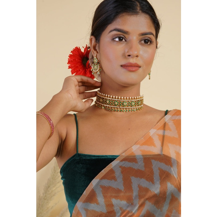 Green Stone Studded Gold Plated Floral Choker Set | Save 33% - Rajasthan Living 6