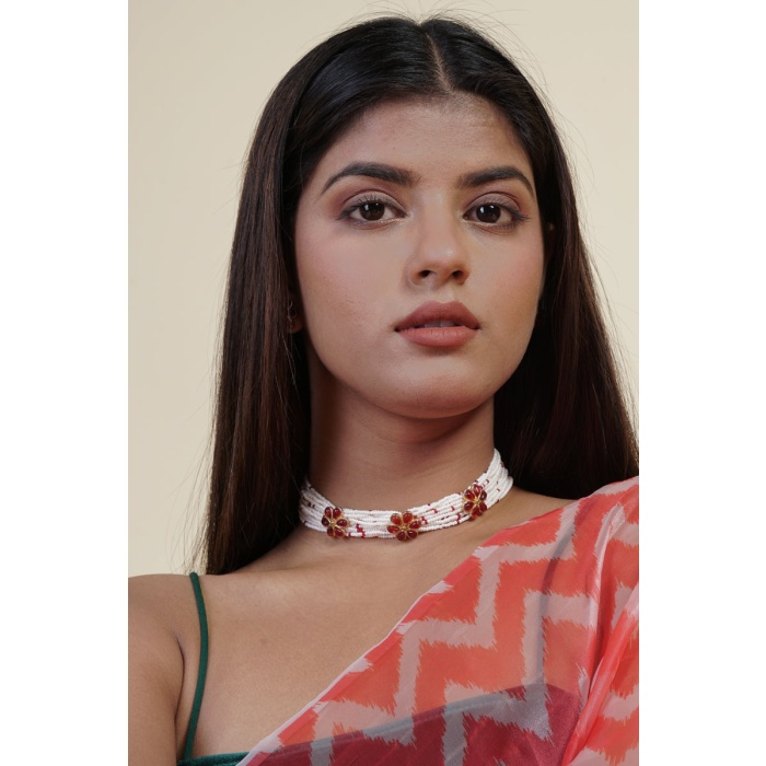 Red Floral Stone Studded Pearl Choker Set | Save 33% - Rajasthan Living 7