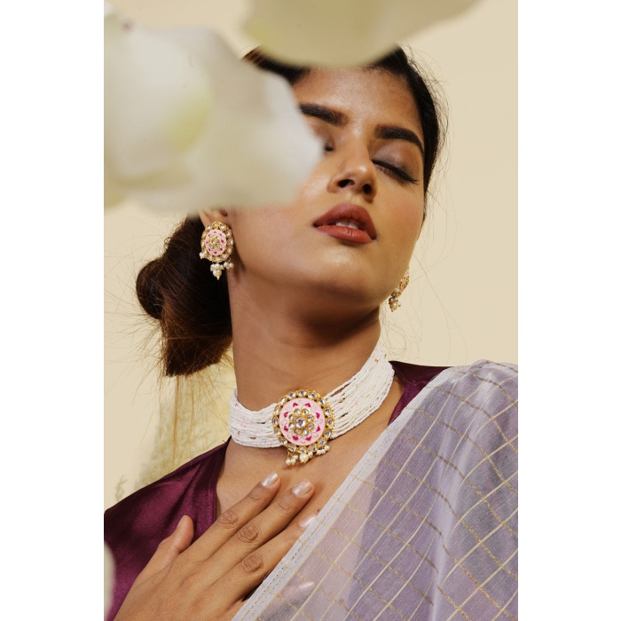 Pink & White Kundan Pearl Choker Set | Save 33% - Rajasthan Living 7